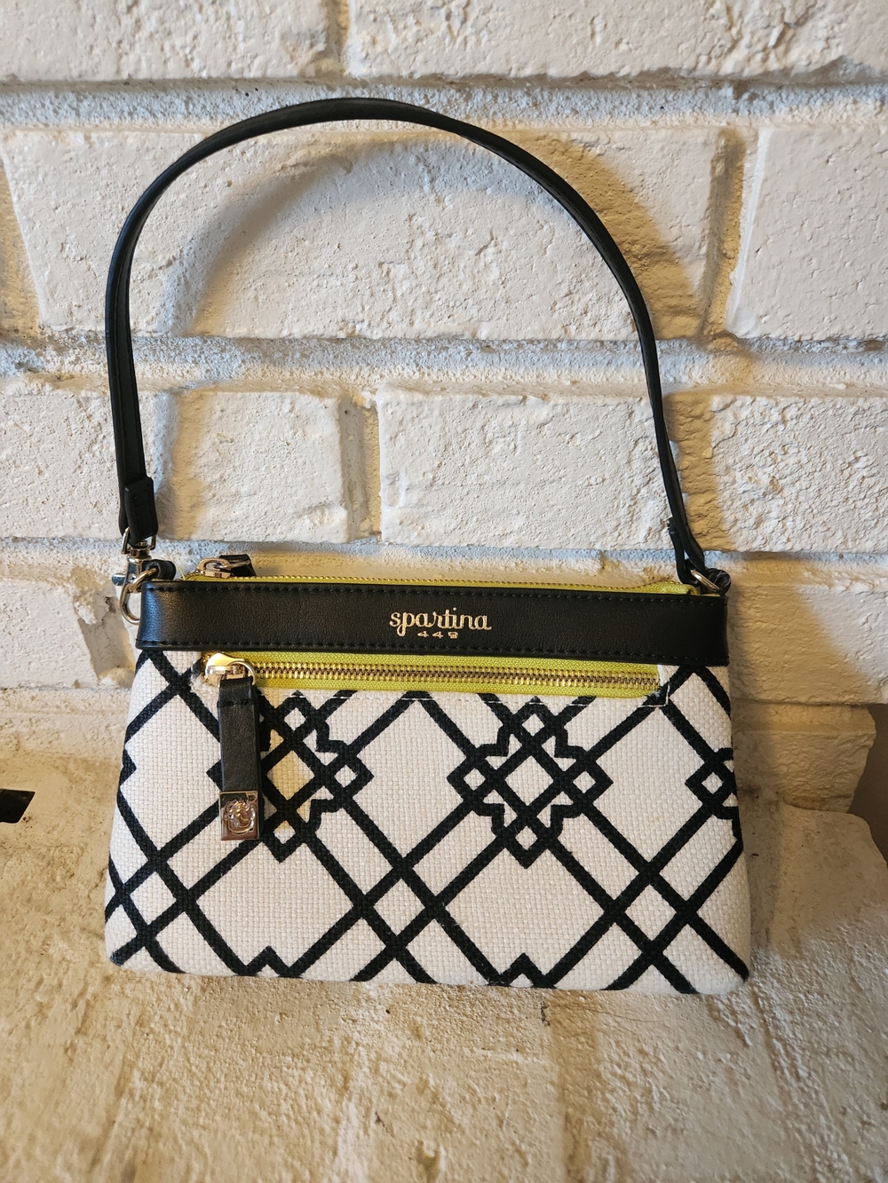 Spartina 449 Black & White Convertible Wristlet/Shoulder Bag with Lime Accent